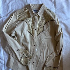Panhandle Slim Tan Western Shirt Gold Sequin Yoke & Cuffs Size L